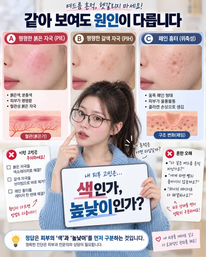 여드름 붉은 자국 색소침착 패인 흉터 PIE PIH 차이