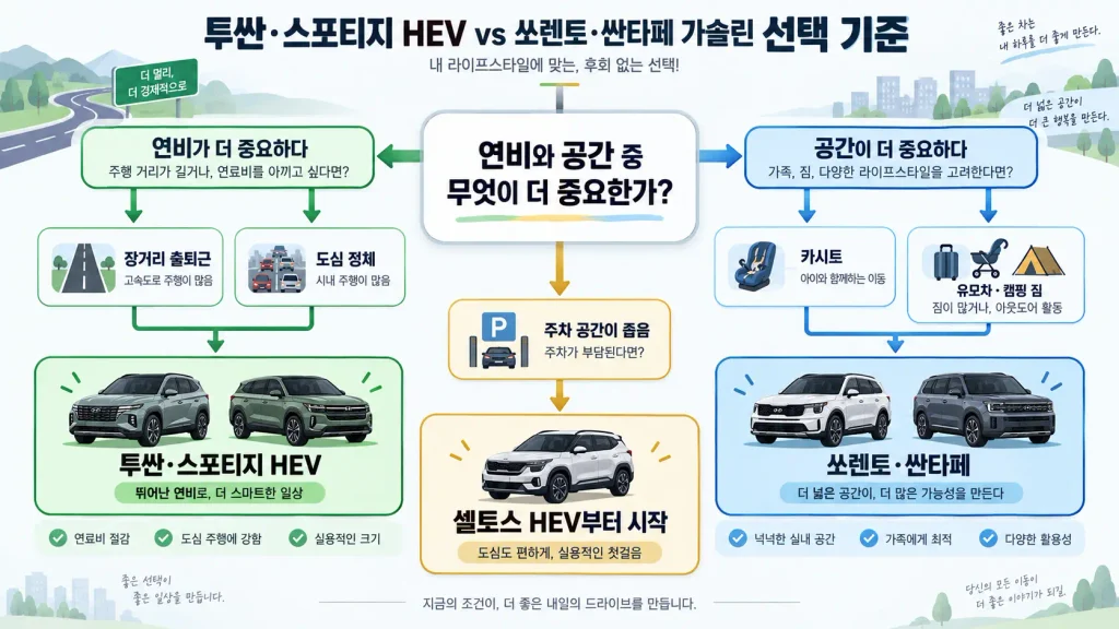 투싼 스포티지 하이브리드 쏘렌토 싼타페 가솔린 선택 기준 연비 공간 비교