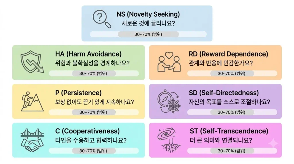 TCI 검사 7가지 척도 NS HA RD P SD C ST 의미