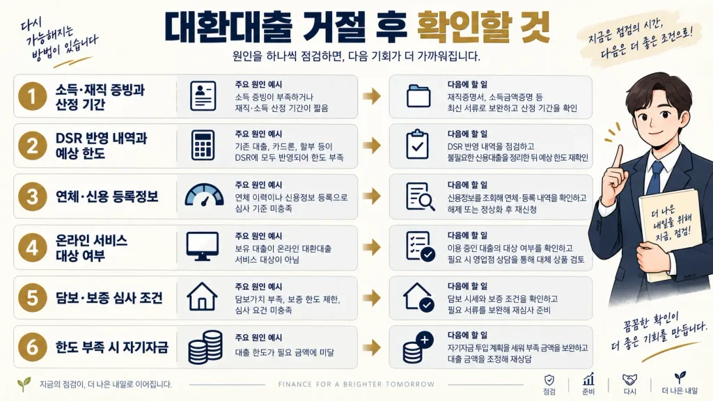 대환대출 거절 사유별 소득 DSR 신용정보 담보 부족 한도 확인 방법
