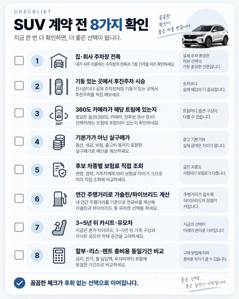 SUV 계약 전 확인사항 주차 옵션 보험료 실구매가 체크리스트