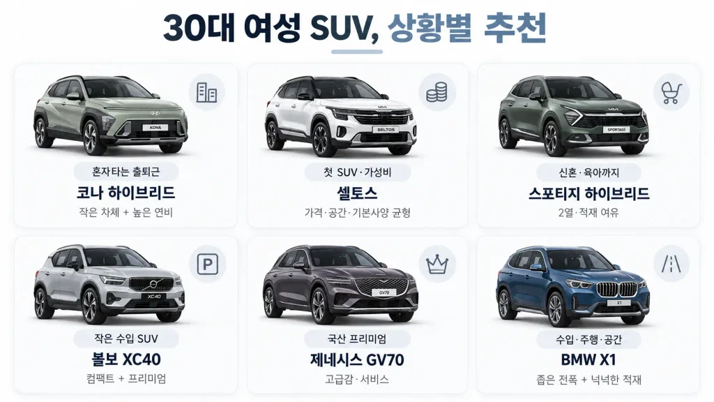 30대 여성 SUV 추천 코나 셀토스 스포티지 XC40 GV70 BMW X1 상황별 비교
