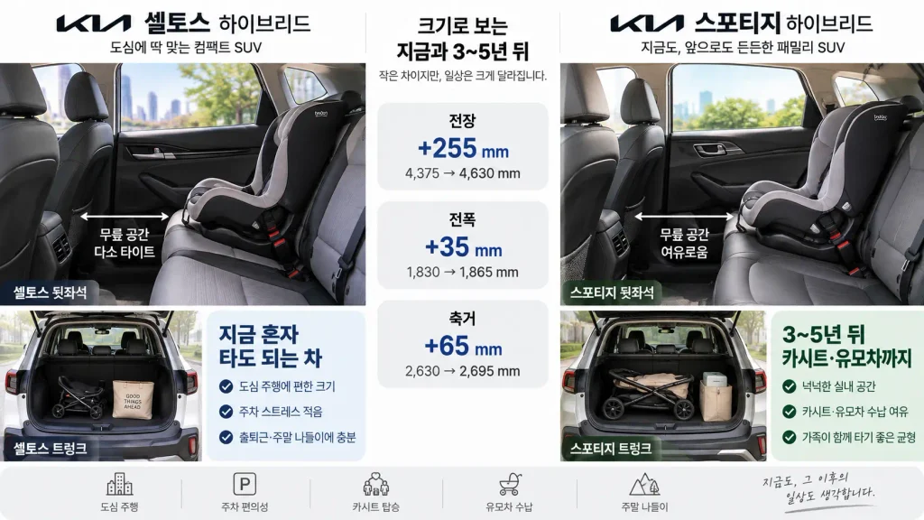 신혼 육아 SUV 셀토스 스포티지 카시트 유모차 공간 비교
