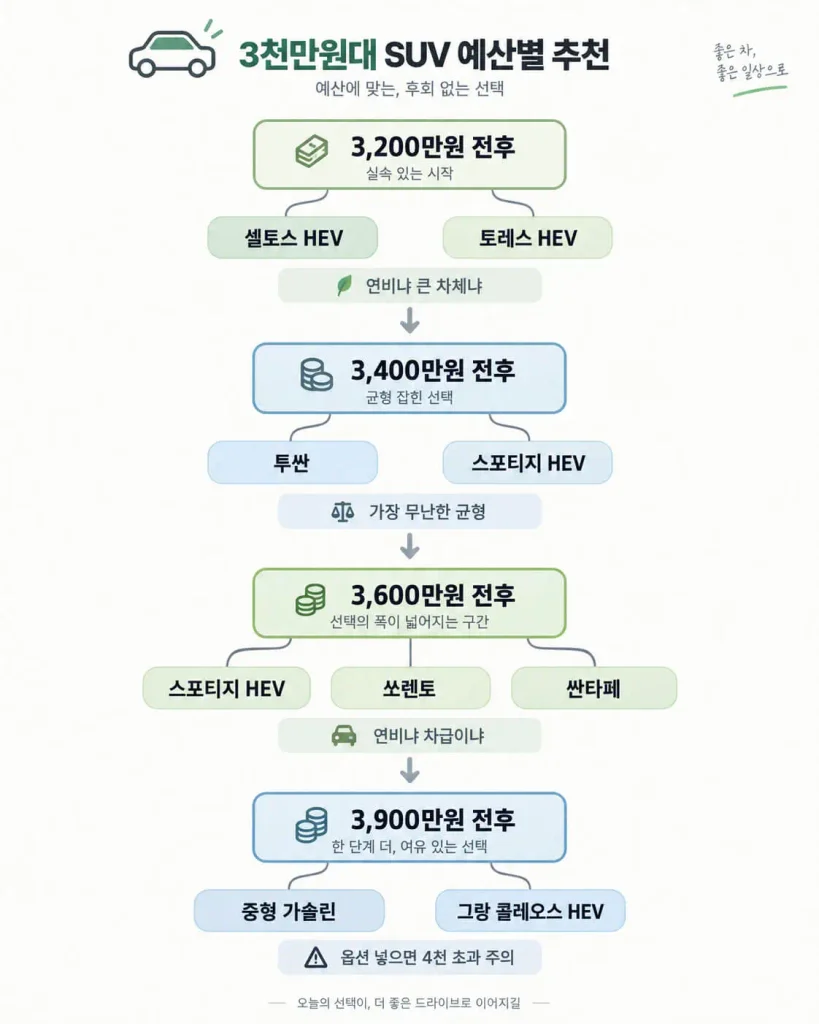 3천만원대 SUV 예산별 추천 3200 3400 3600 3900만원 비교
