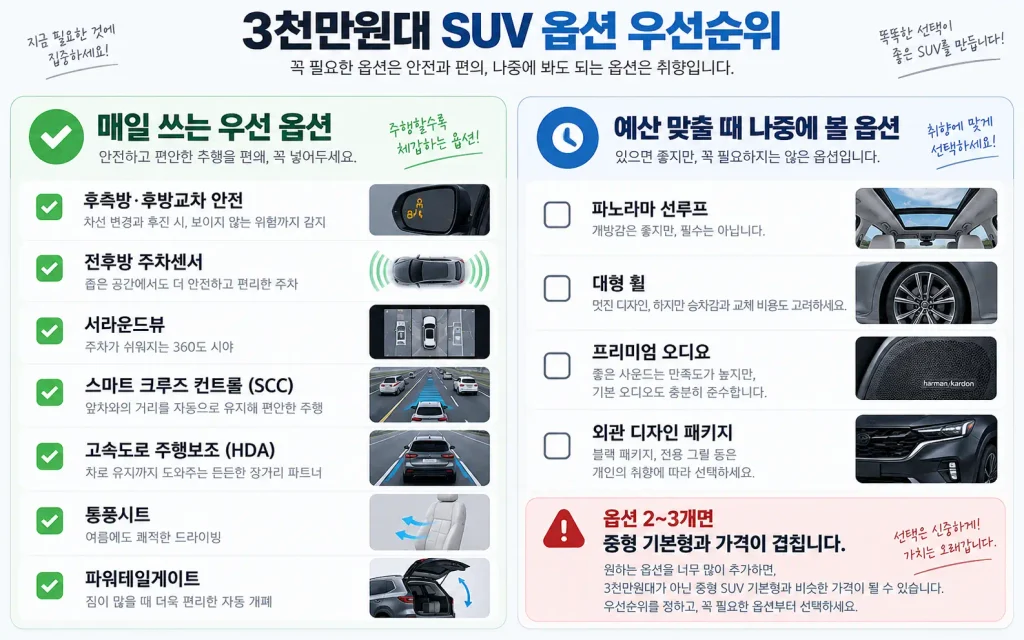 3천만원대 SUV 옵션 추천 주차 안전 통풍시트 선루프 우선순위 체크리스트