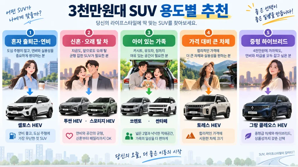 3천만원대 SUV 용도별 추천 출퇴근 신혼 패밀리카 하이브리드 중형 SUV