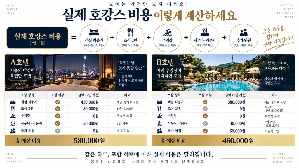 서울 호캉스 호텔 객실 조식 수영장 사우나 포함 최종 비용 계산 방법