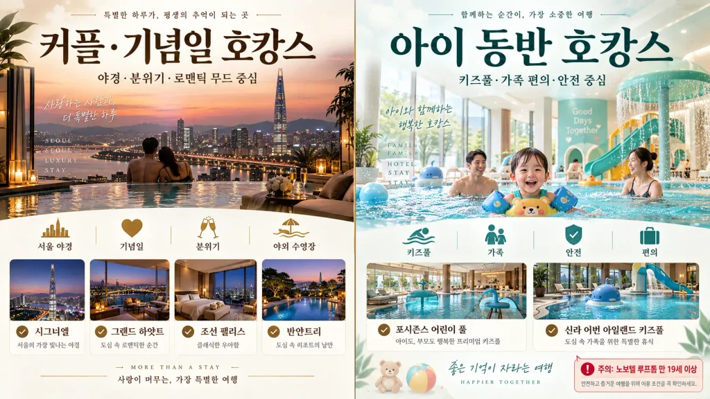 울 커플 호캉스와 아이 동반 호캉스 호텔 선택 기준 비교