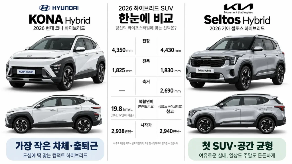 코나 하이브리드 셀토스 하이브리드 가격 연비 크기 비교