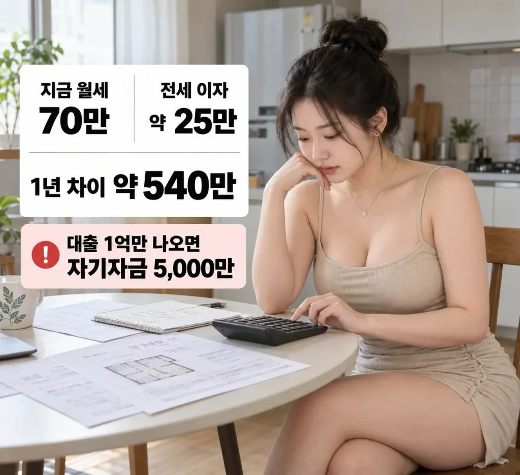 월세 70만원과 전세대출 이자 자기자금 비교