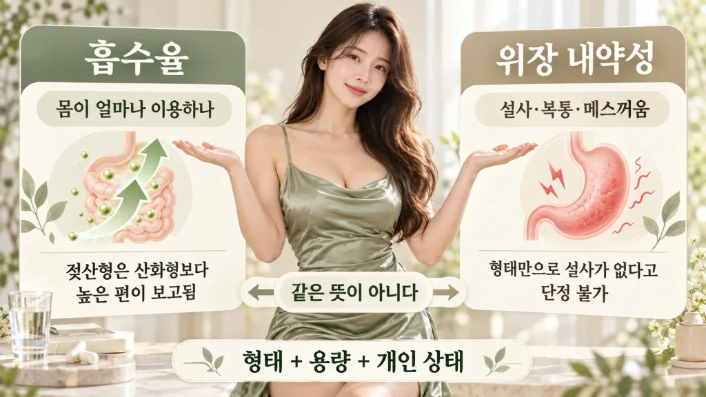 젖산 마그네슘 흡수율 위장 내약성 설사 차이