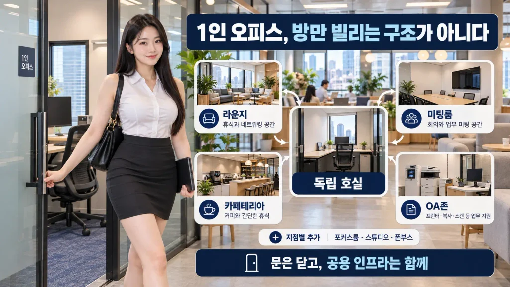 스파크플러스 1인 오피스 독립실 라운지 미팅룸 공용시설 구조