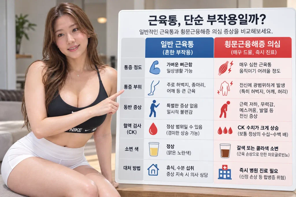 스타틴 근육통과 횡문근융해증 증상 CK 갈색 소변 차이