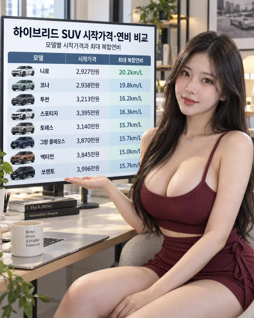 4천만원 이하 하이브리드 SUV 8종 가격 연비 비교 니로 코나 투싼 스포티지 토레스 액티언 그랑 콜레오스 쏘렌토
