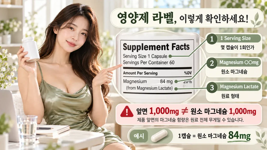 젖산 마그네슘 원소 마그네슘 함량 Supplement Facts 보는 법