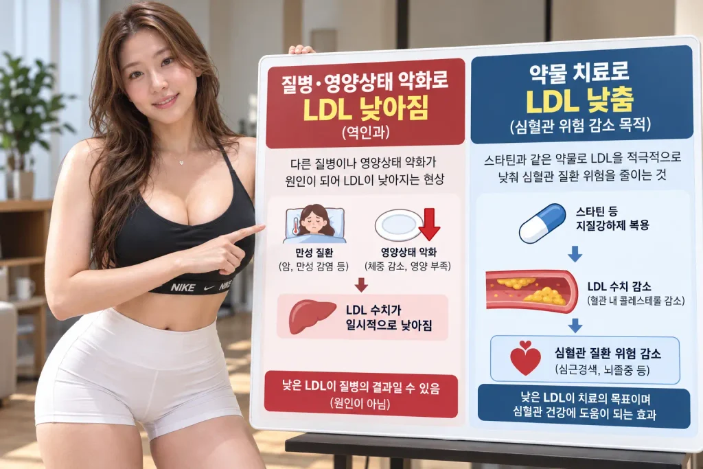 콜레스테롤 너무 낮으면 위험 원래 낮은 LDL과 스타틴 치료 LDL 차이