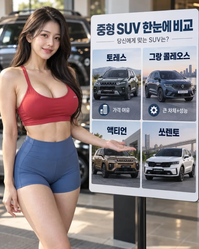 4천만원 이하 큰 하이브리드 SUV 토레스 액티언 그랑 콜레오스 쏘렌토 비교